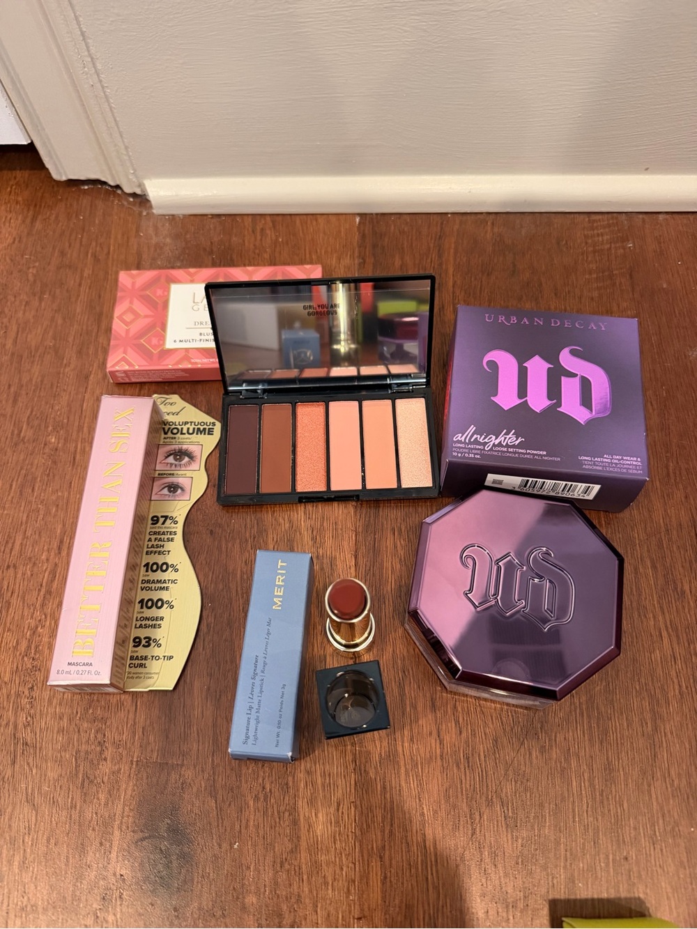 Urban Decay, Merit lippy, Too faced mascara, Laura Geller eye shadow palette